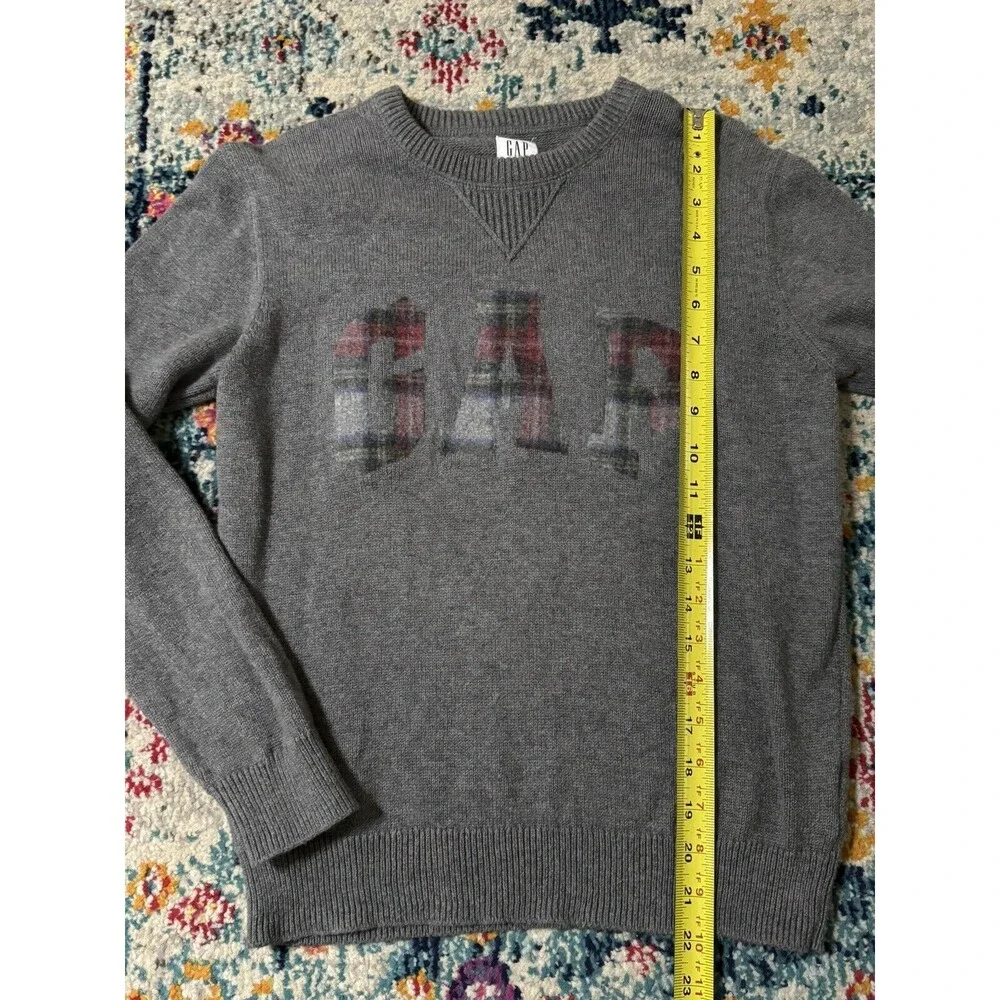 GAP Kids Gray Cotton Tartan‎ Plaid Logo Crewneck Sweater Size XL Festive Xmas
